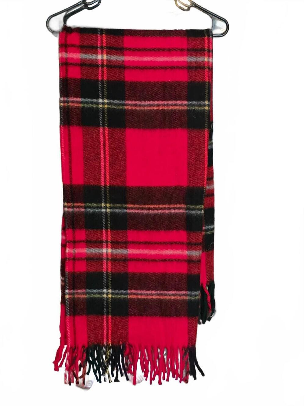 Vintage 1970's Troy Robe Red Black Plaid Wool Blend Fringe Throw Blanket 54x54